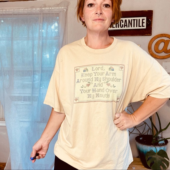 Vintage Tops - Vintage HanesTee With Faux Cross Stitch Lords Prayer Funny Size XLarge